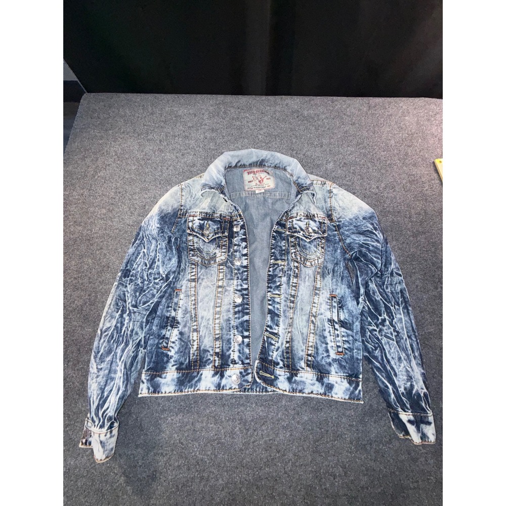 True Religion Mens Acid Wash Blue Denim Trucker Jacket Medium Section Trucker